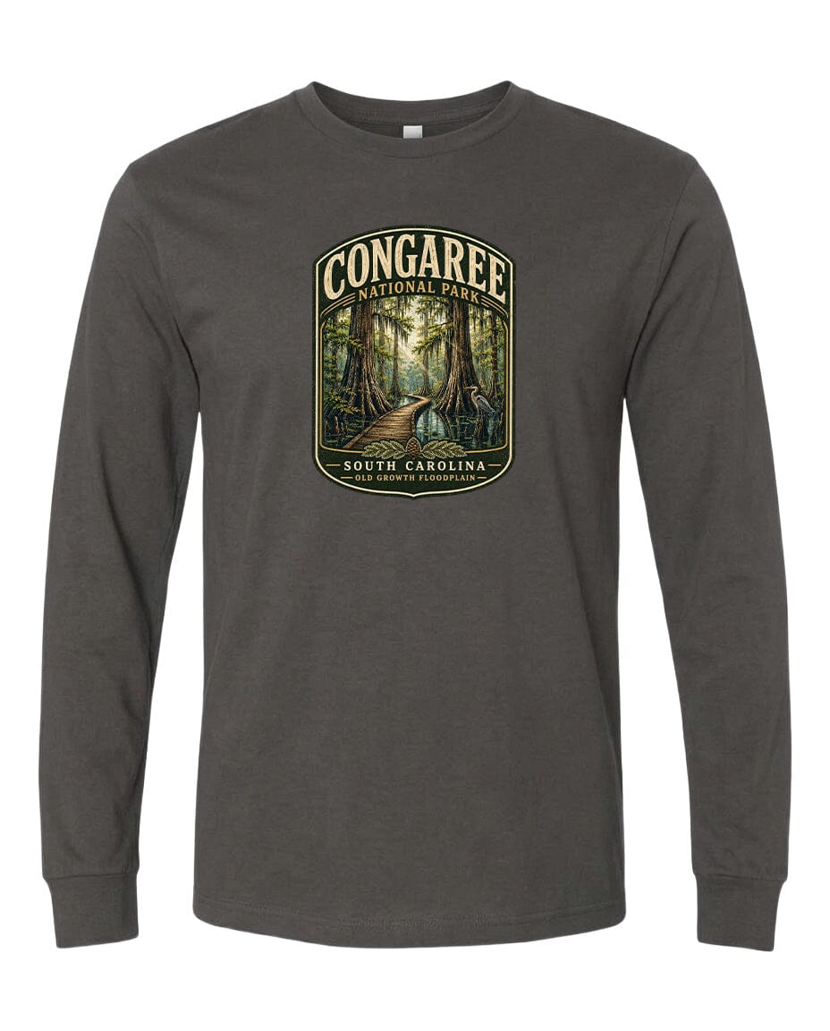 A gray long-sleeved t-shirt with a graphic design depicting a forest scene, featuring a path leading through the trees.