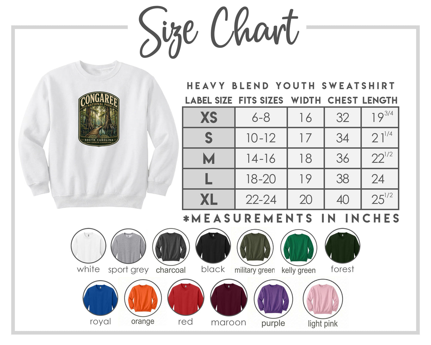 The image is a size chart for a heavy blend youth sweatshirt, including various color options and corresponding measurements in inches.