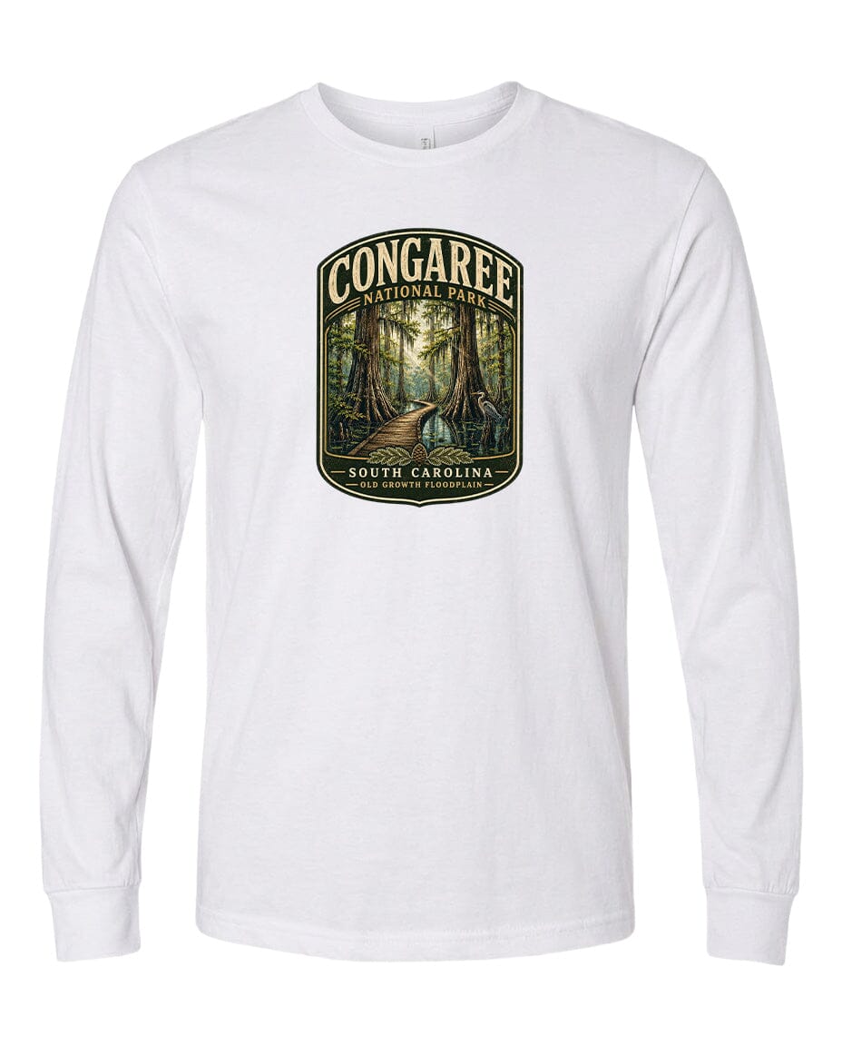 A white long-sleeved t-shirt with a graphic design depicting a forest scene with a path leading through it.