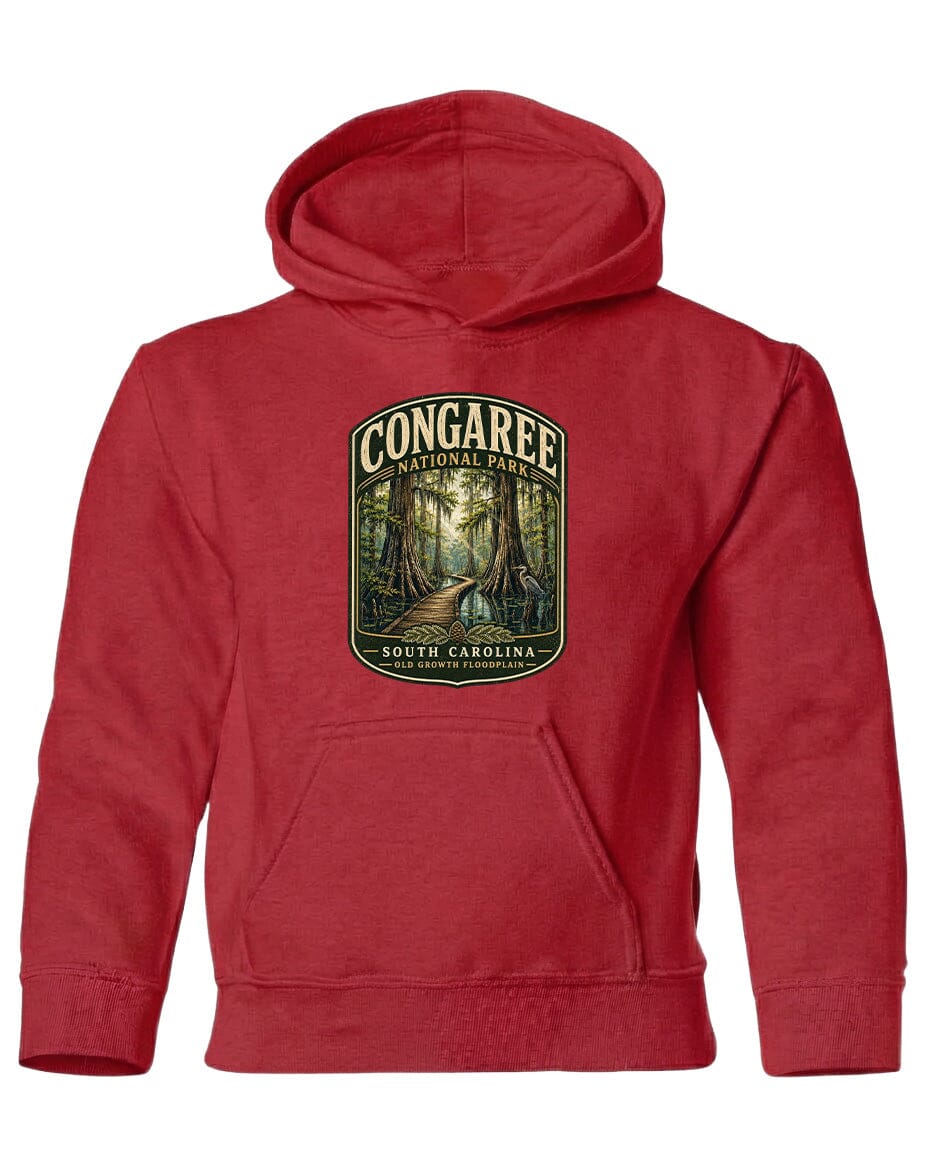 A red hooded sweatshirt with a graphic design depicting a forest scene.