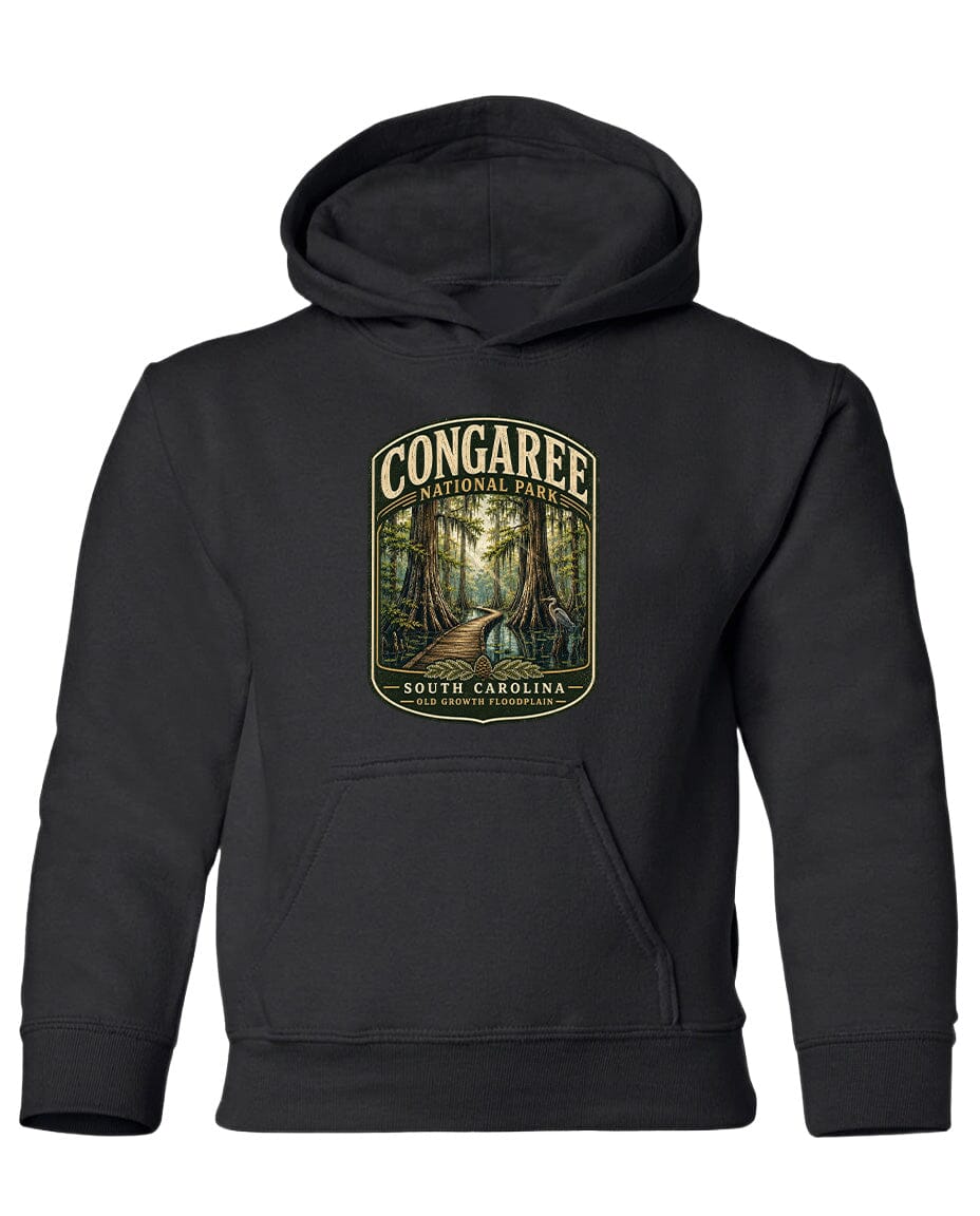 A black hooded sweatshirt with a graphic design depicting a forest scene and the text "CONGAREE NATIONAL PARK SOUTH CAROLINA" printed on it.