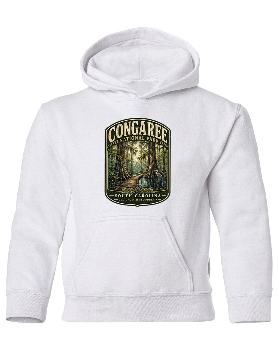 A white hoodie with a graphic design depicting a forest scene with a path leading through it.