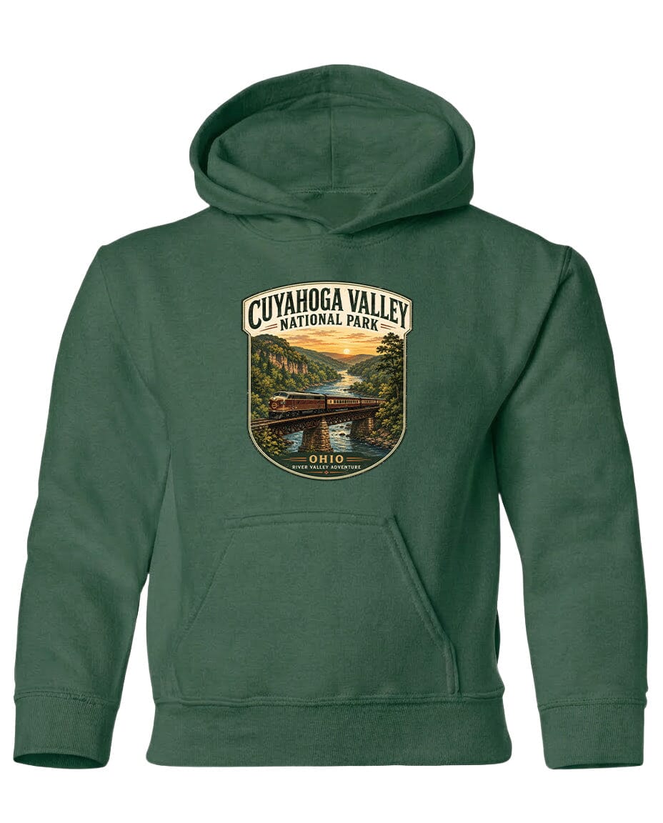 A green hoodie with a graphic design depicting a scenic view of Cuyahoga Valley National Park, featuring a bridge and a river.