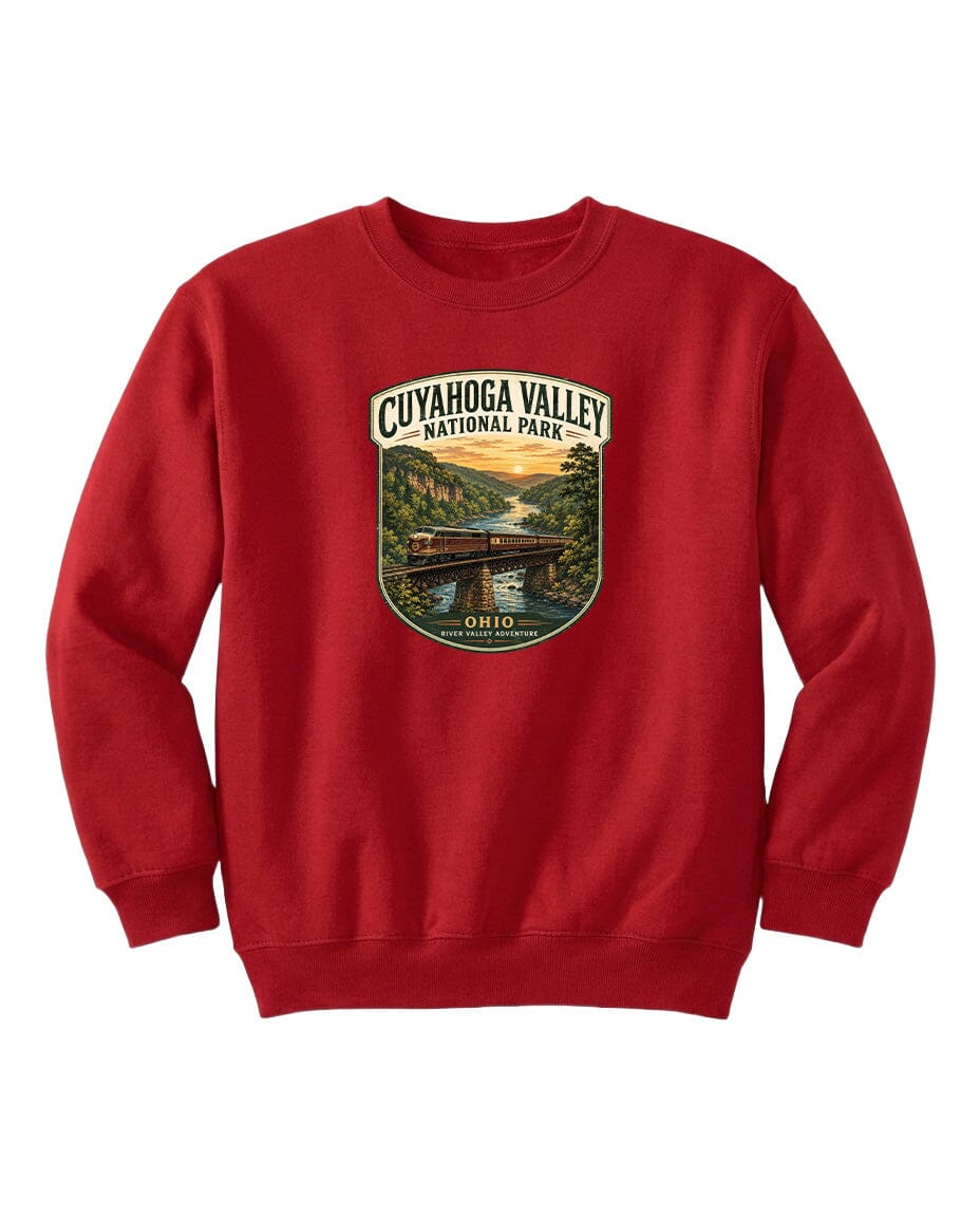 A red sweatshirt with a graphic design depicting a scenic view of the Cuyahoga Valley National Park in Ohio.