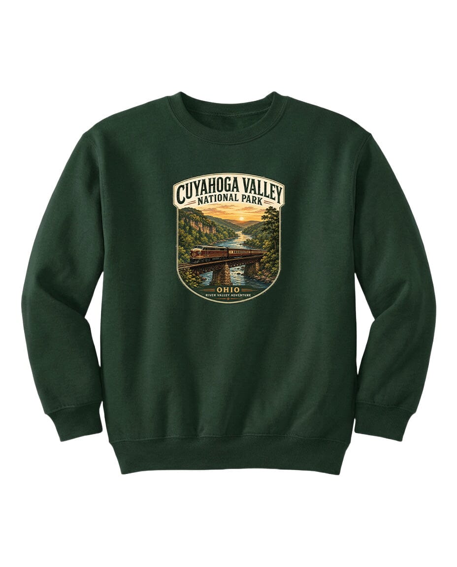 A green sweatshirt with a graphic design depicting a scenic view of the Cuyahoga Valley National Park in Ohio.