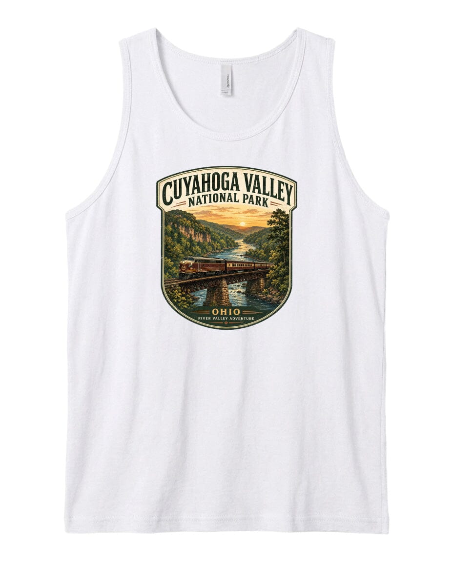 A white tank top with a graphic design depicting a scenic view of the Cuyahoga Valley National Park in Ohio, featuring a bridge, trees, and a sunset over the water.