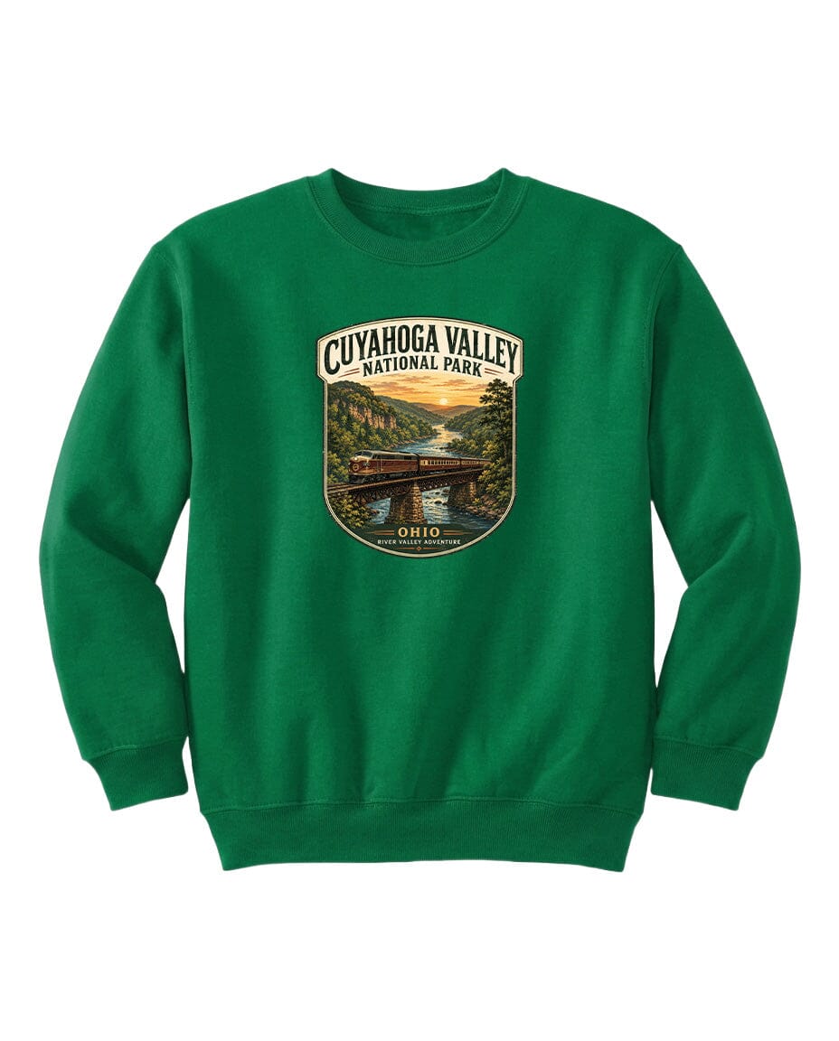 A green sweatshirt with a graphic design depicting a scenic view of the Cuyahoga Valley National Park in Ohio.