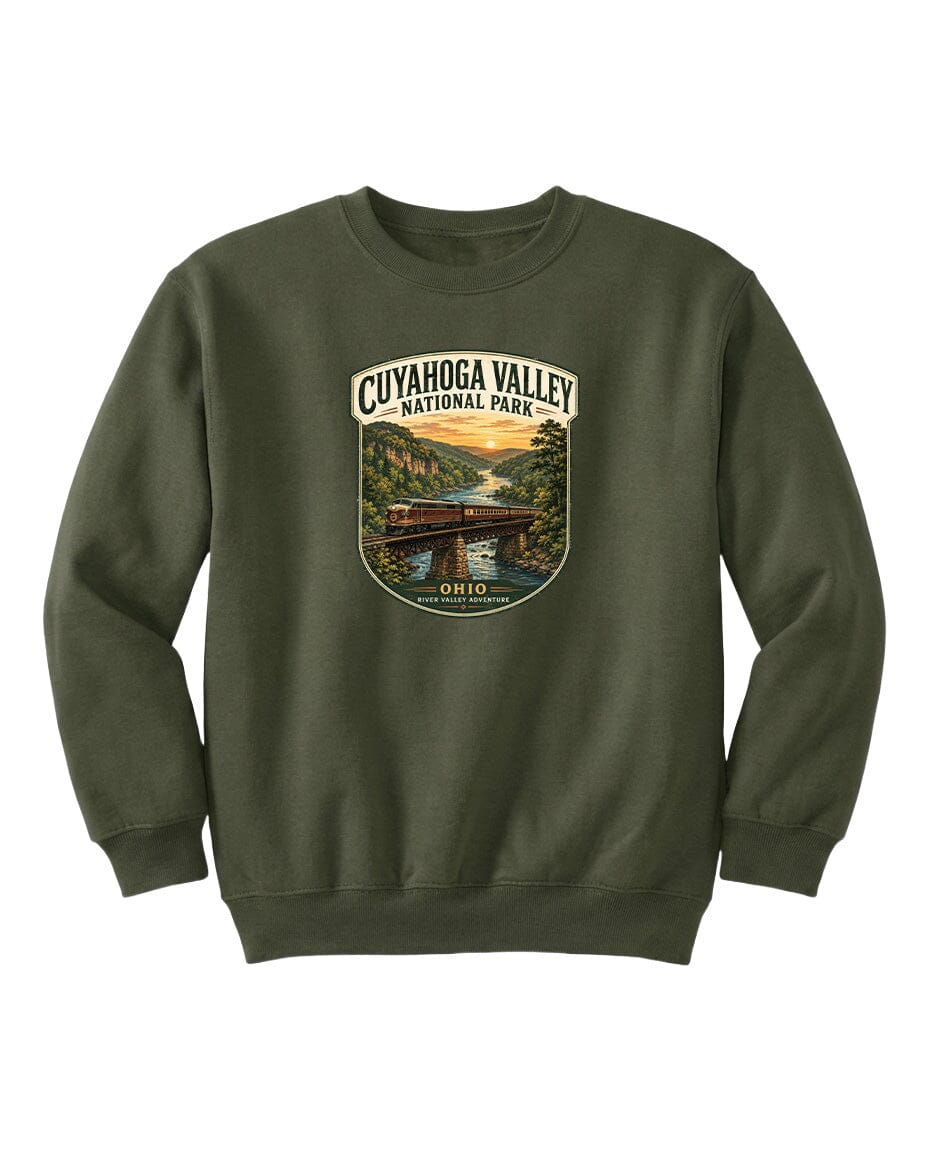 A green sweatshirt with a graphic design depicting a scenic view of the Cuyahoga Valley National Park in Ohio.