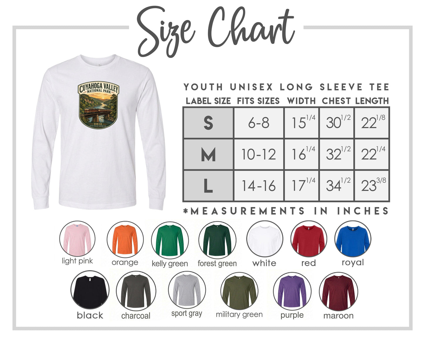 The image is a size chart for a youth unisex long sleeve tee, including various color options and corresponding measurements.