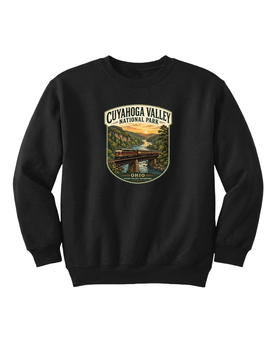 A black sweatshirt with a graphic design depicting a scenic view of the Cuyahoga Valley National Park in Ohio.