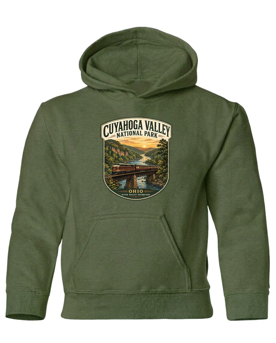 A green hoodie with a graphic design depicting a scenic view of Cuyahoga Valley National Park, featuring a bridge and a river.