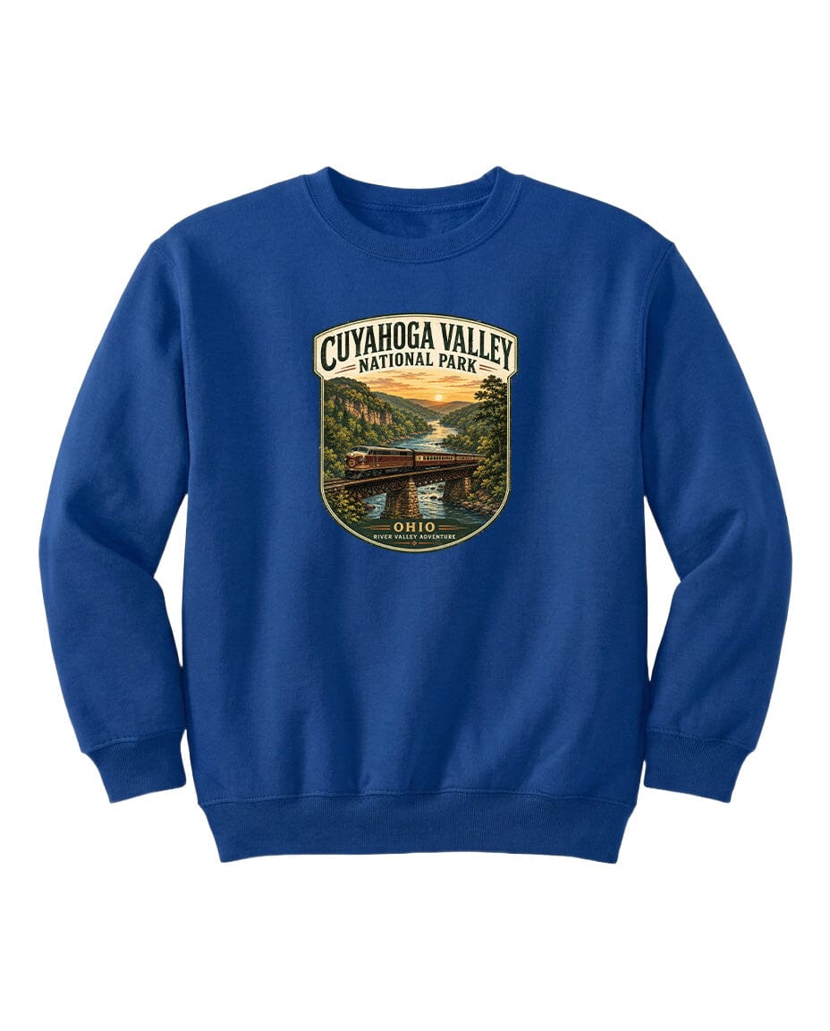 A blue sweatshirt with a graphic design depicting a scenic view of the Cuyahoga Valley National Park in Ohio.
