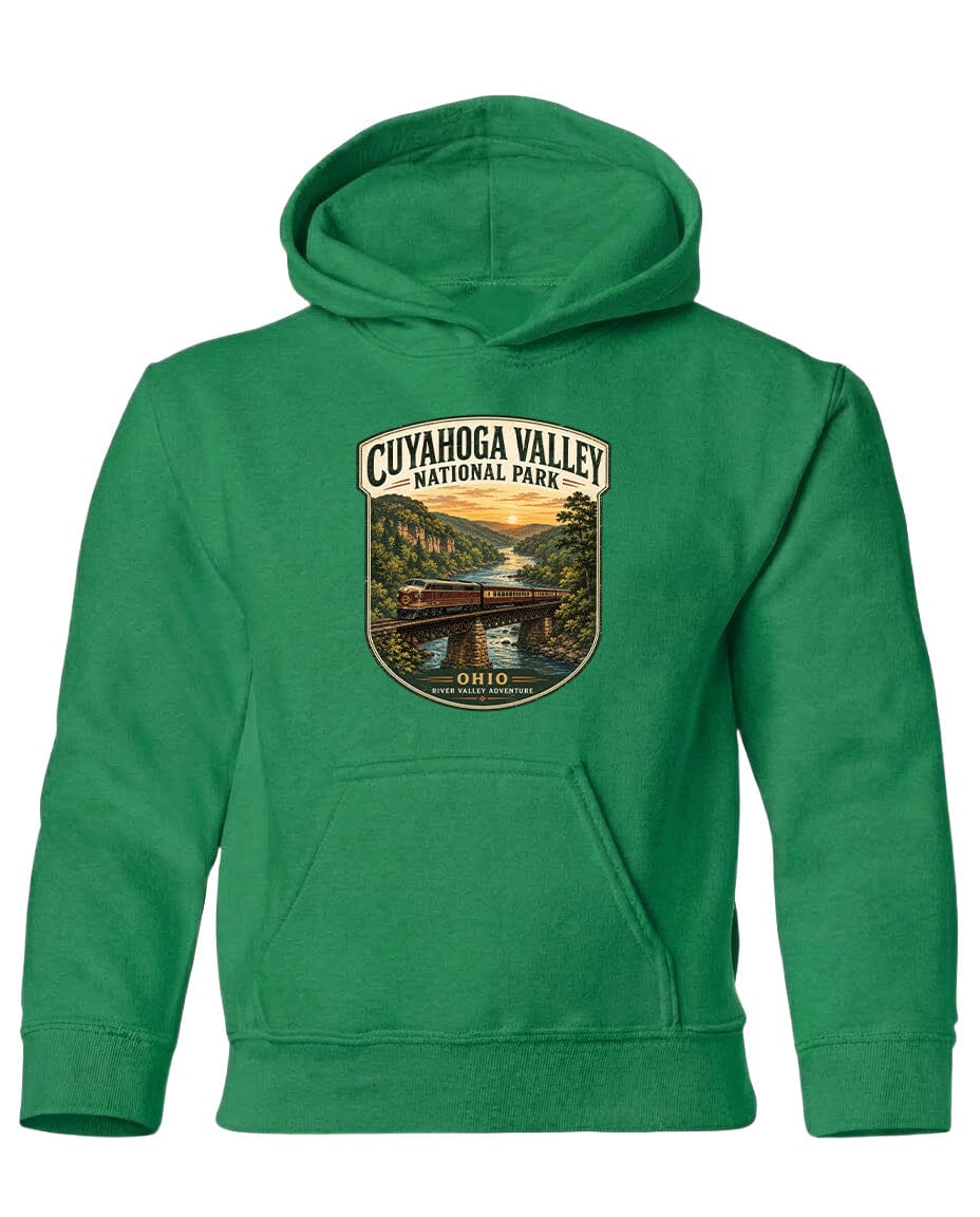 A green hoodie with a graphic design depicting a scenic view of Cuyaog Valley National Park, featuring a bridge and a river.