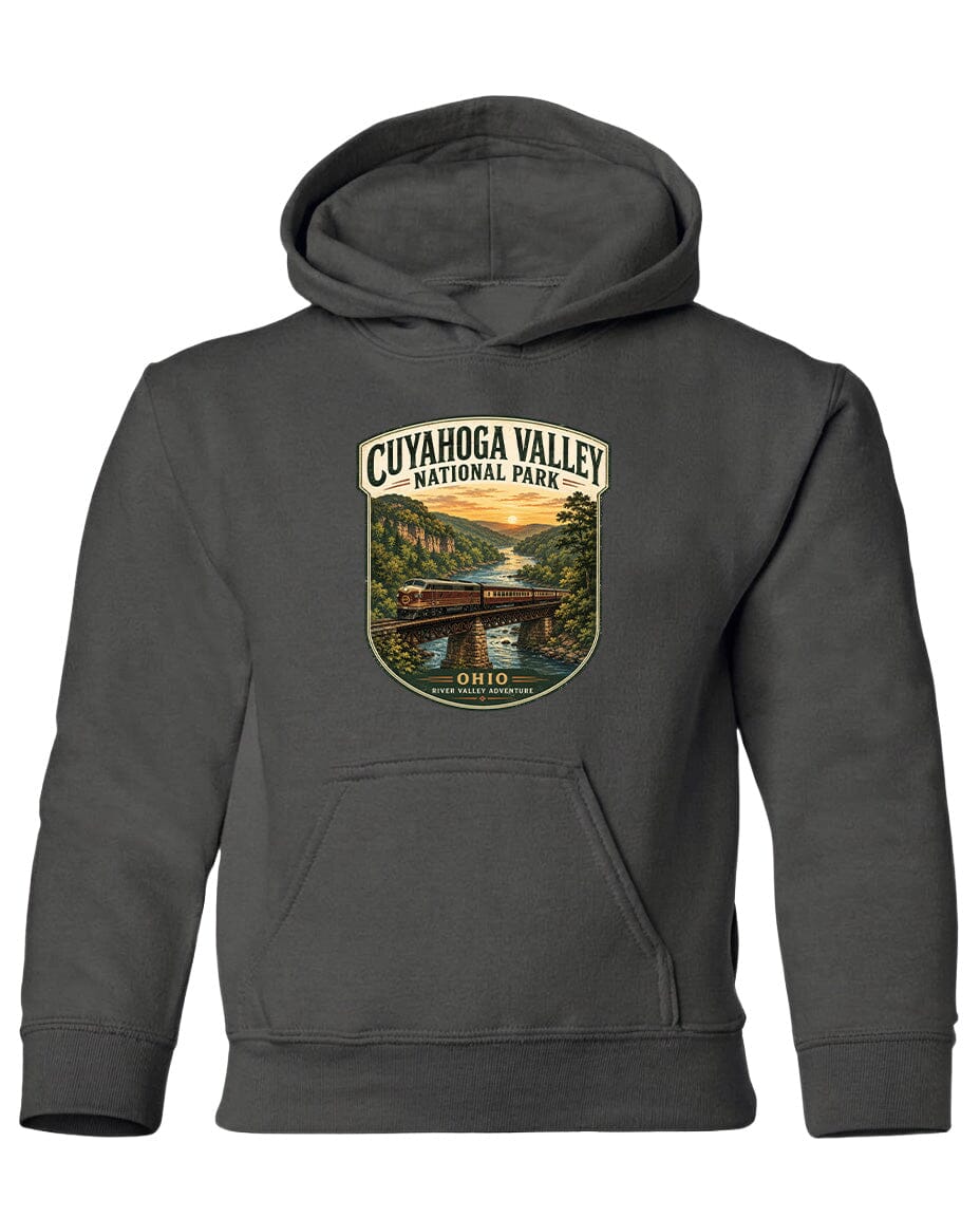 A gray hoodie with a graphic design depicting a scenic view of Cuyaog Valley National Park, featuring a bridge and a river.