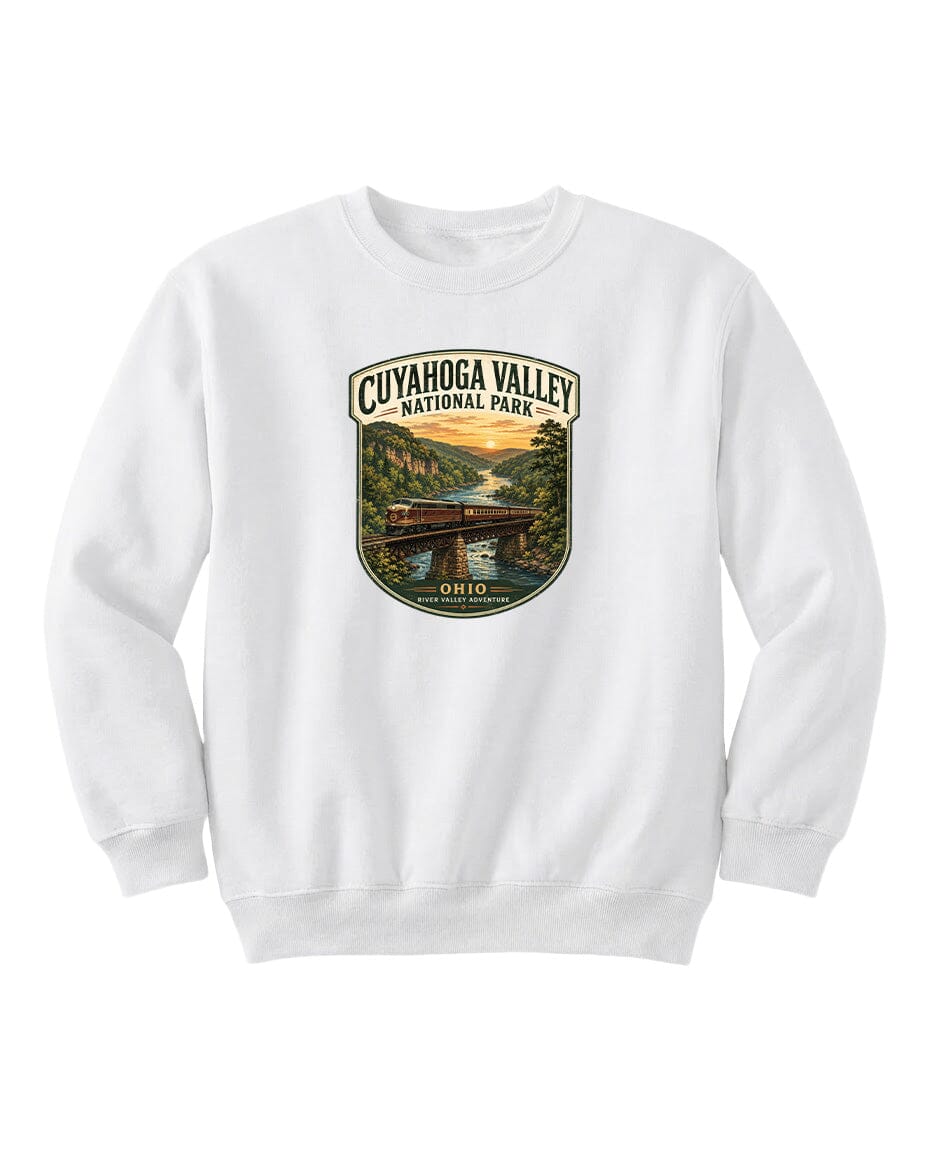 A white sweatshirt with a graphic design depicting a scenic view of the Cuyahoga Valley National Park in Ohio.