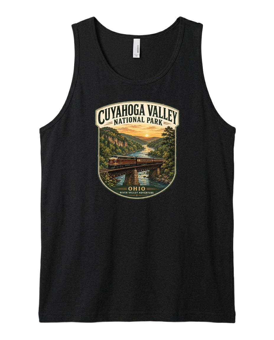A black tank top with a graphic design depicting a scenic view of the Cuyahoga Valley National Park in Ohio, featuring a bridge, trees, and a sunset over the water.