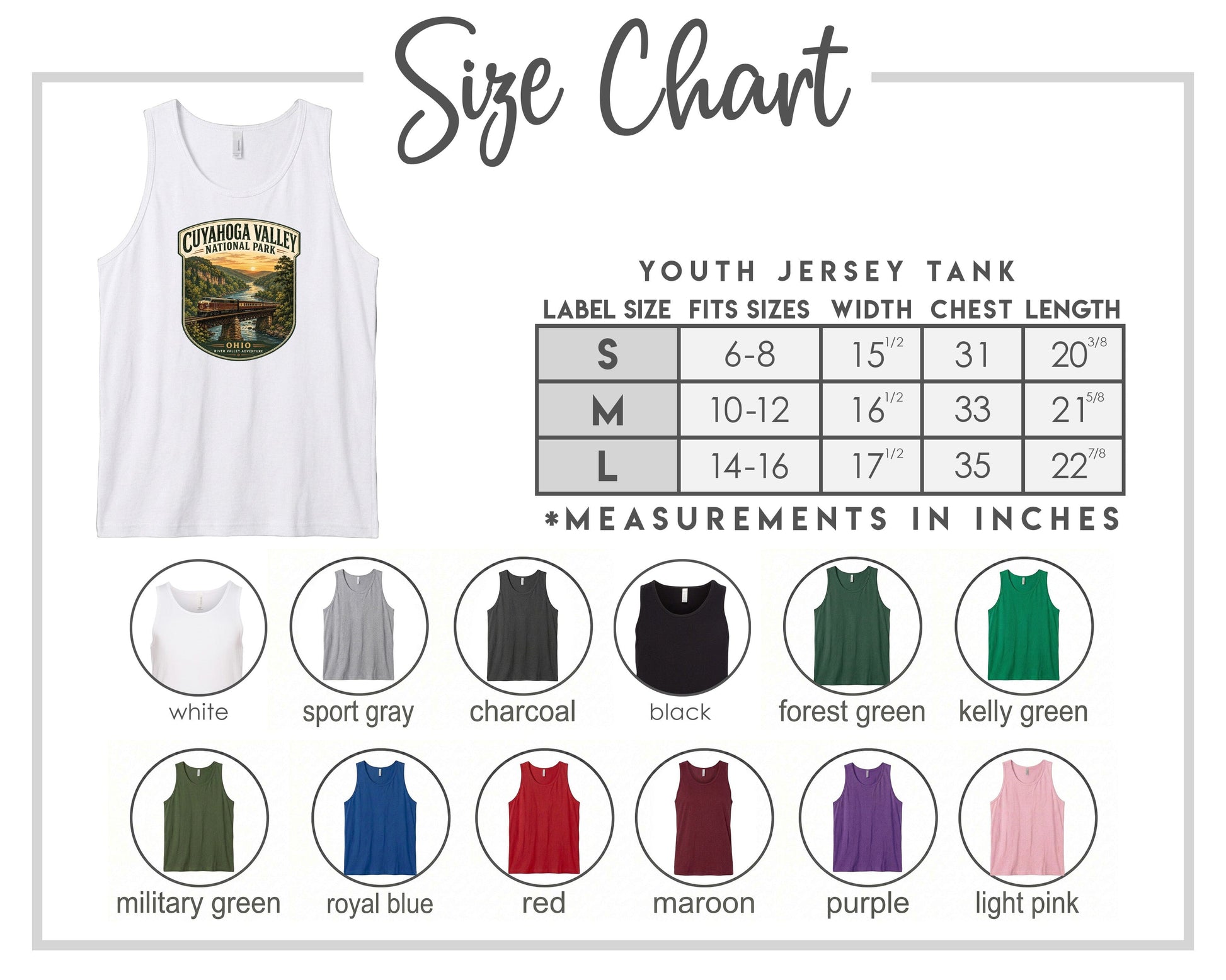 The image is a size chart for a youth jersey tank, displaying various label sizes and corresponding chest measurements.
