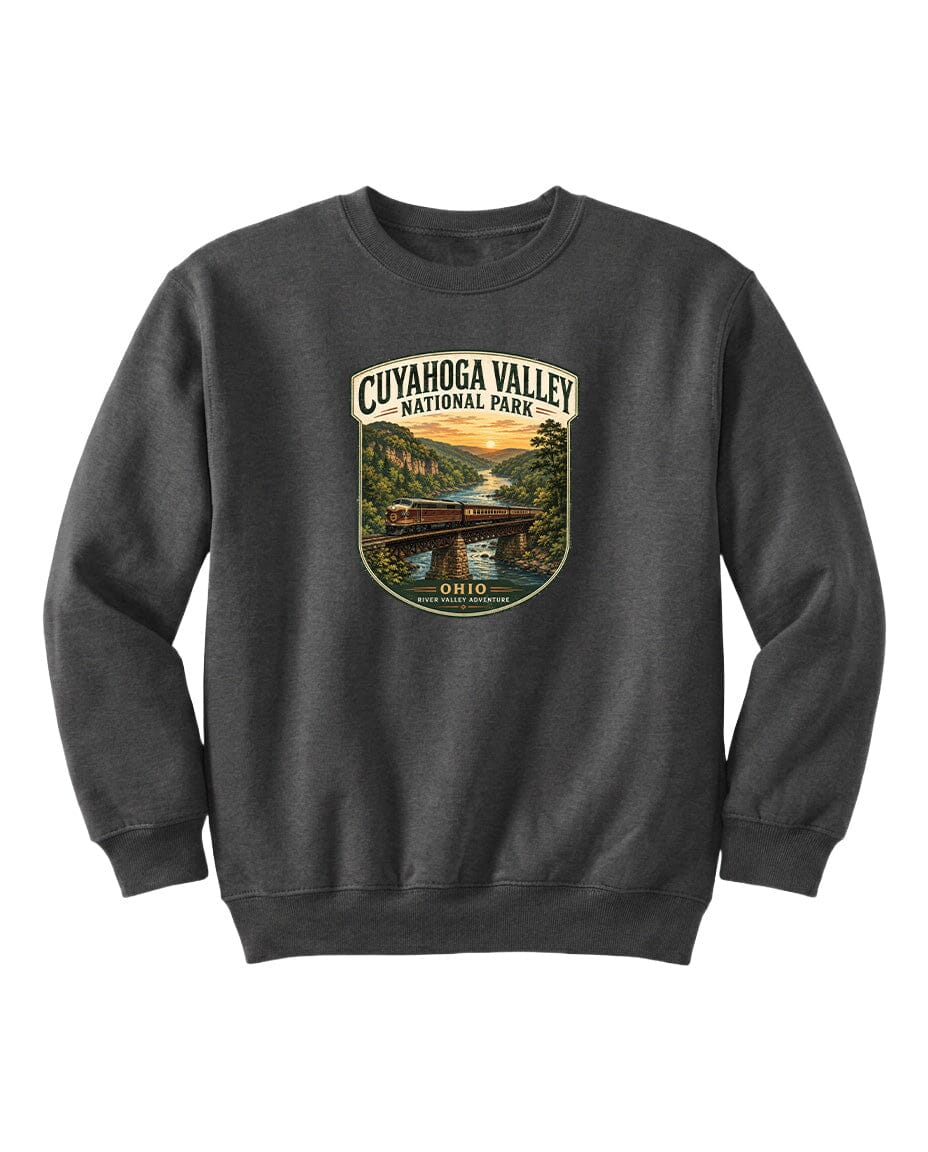 A gray sweatshirt with a graphic design depicting a scenic view of the Cuyahoga Valley National Park in Ohio.