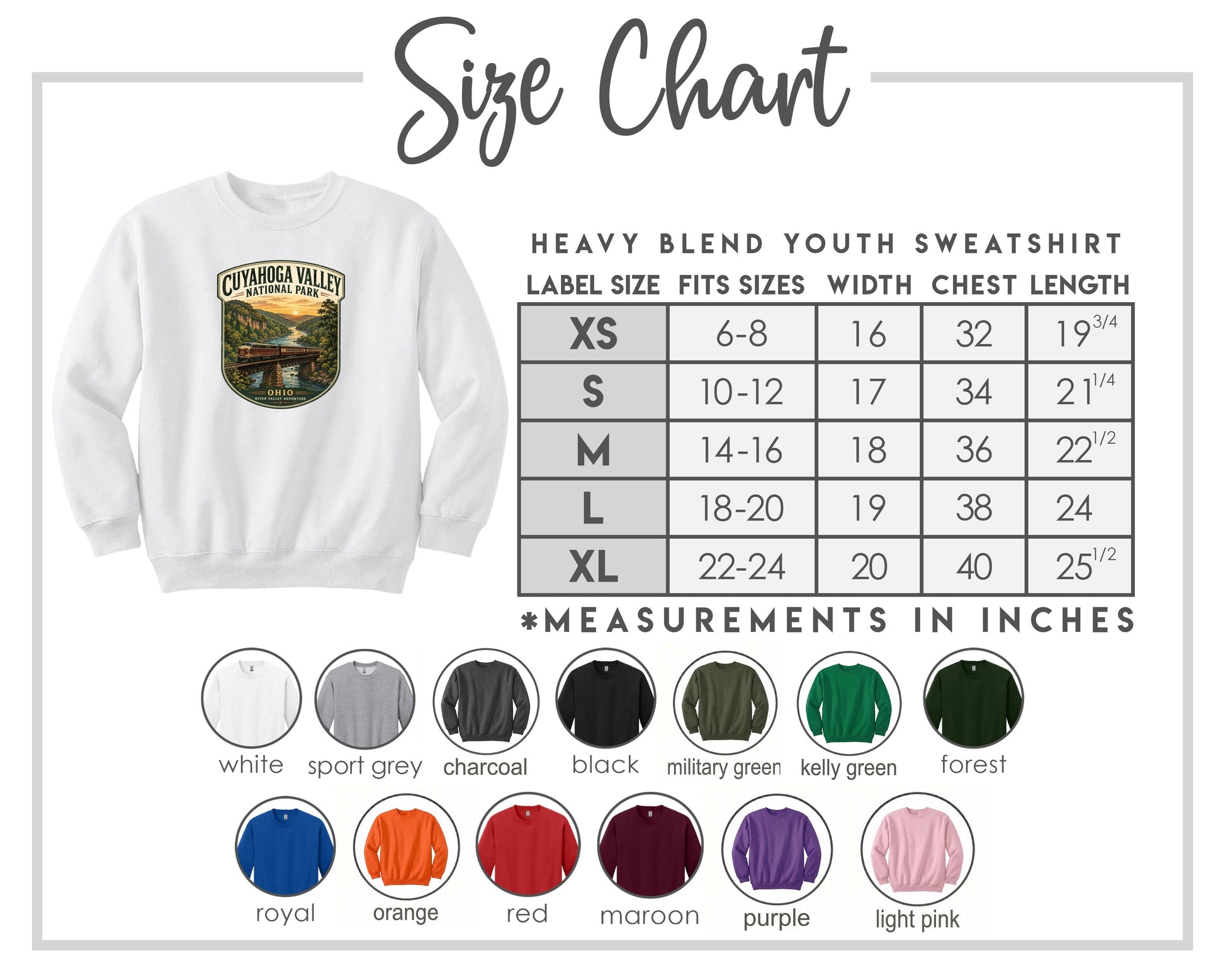 The image is a size chart for a heavy blend youth sweatshirt, including various color options and corresponding measurements in inches.