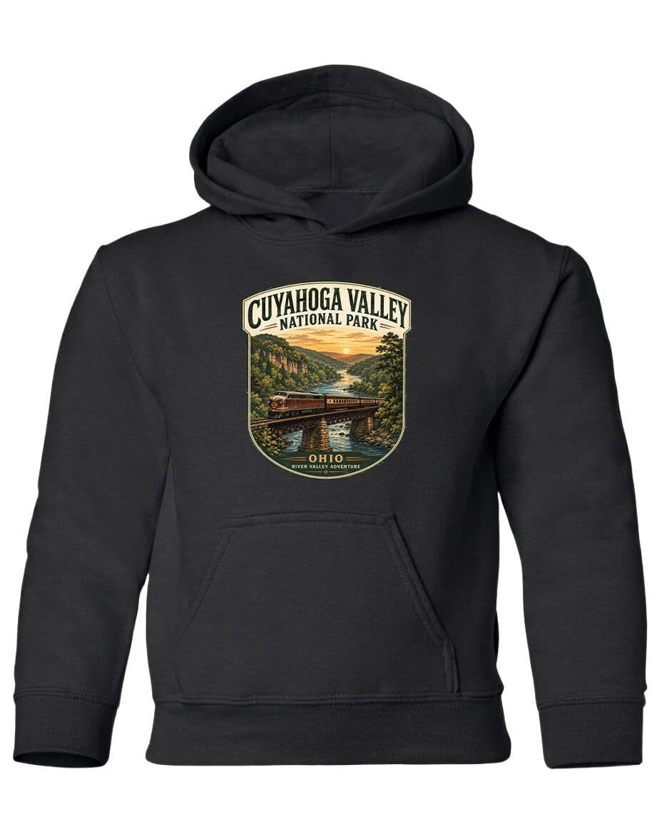 A black hoodie with a graphic design depicting a scenic view of Cuyahoga Valley National Park, featuring a bridge and a river.