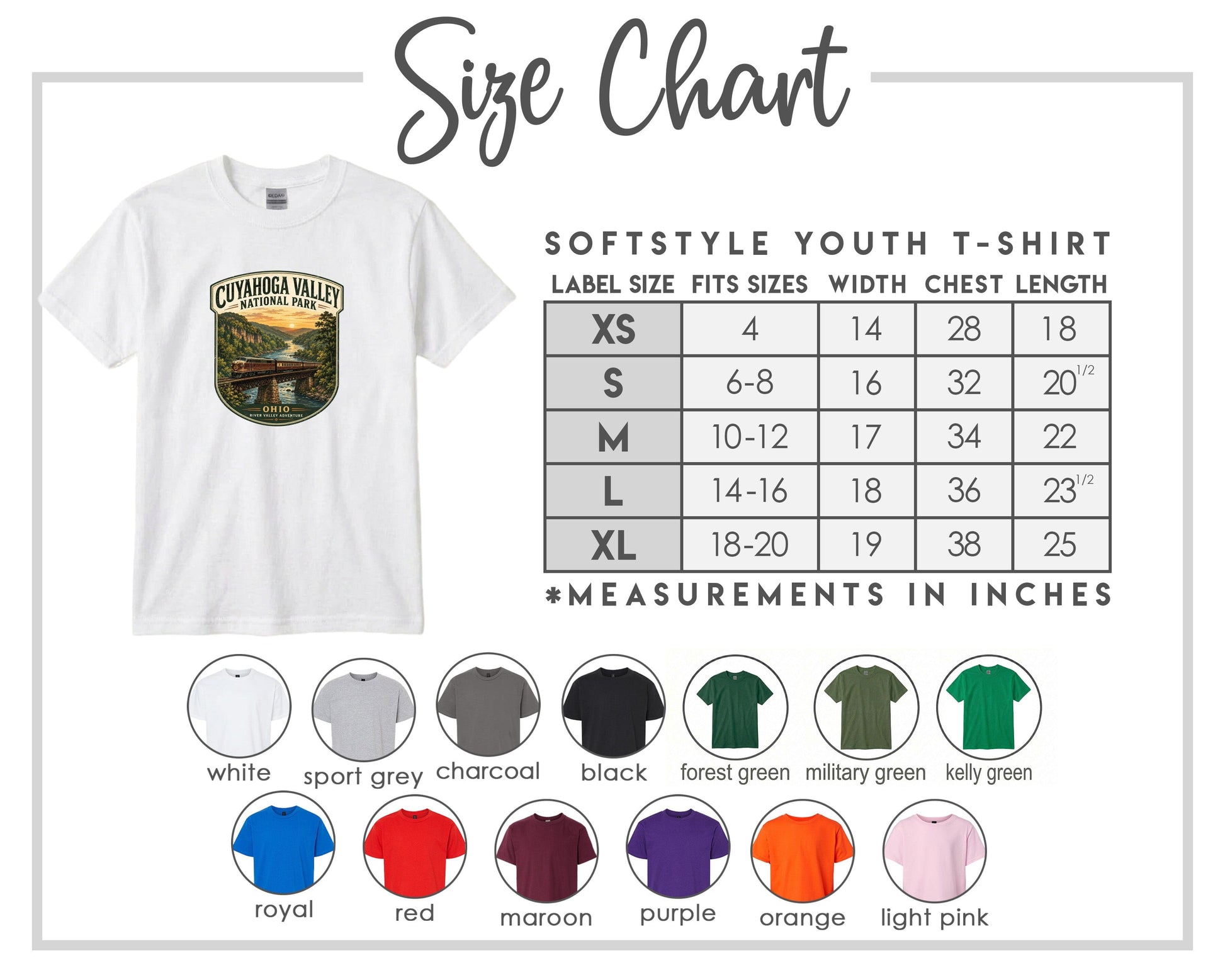The image is a size chart for a softstyle youth t-shirt, providing measurements for different sizes and corresponding t-shirt colors.