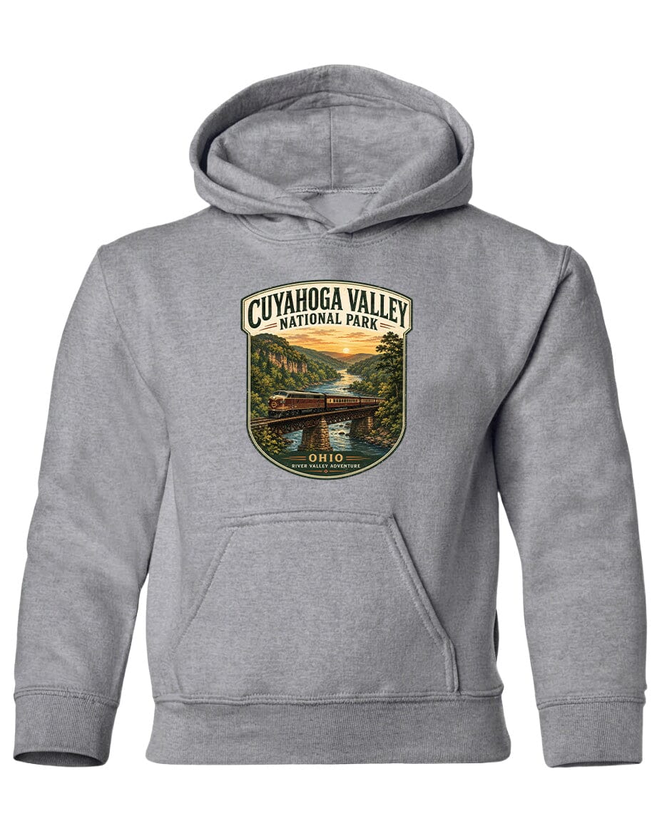 A gray hoodie with a graphic design depicting a scenic view of Cuyahoga Valley National Park, featuring a bridge and a river.