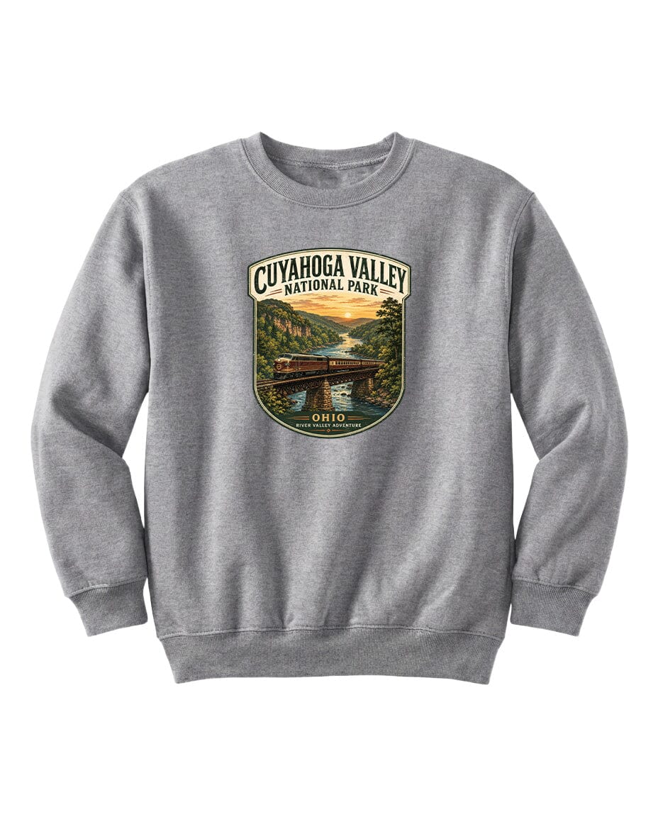 A gray sweatshirt with a graphic design depicting a scenic view of the Cuyahoga Valley National Park in Ohio.