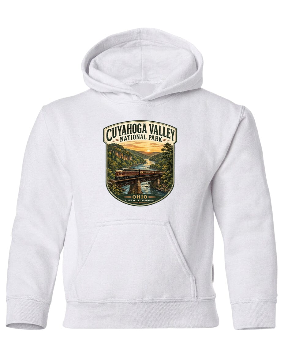 A white hoodie with a graphic design depicting a scenic view of Cuyahoga Valley National Park, featuring a bridge and a river.