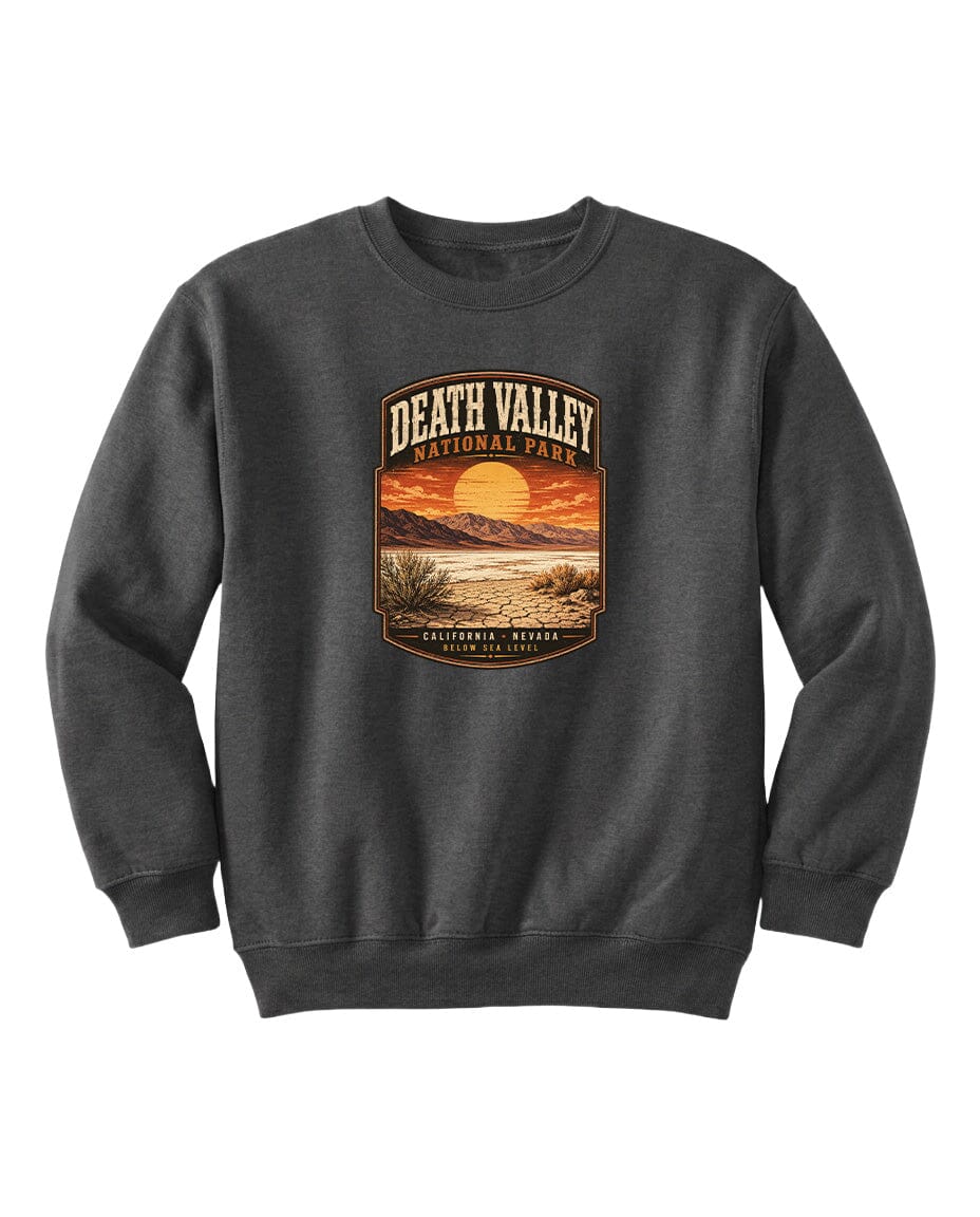 A gray sweatshirt with a graphic design depicting a sunset over Death Valley National Park, California, Nevada.