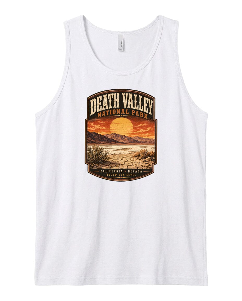 A white tank top with a graphic design depicting Death Valley National Park and its surrounding landscape, including a sunset over the desert.