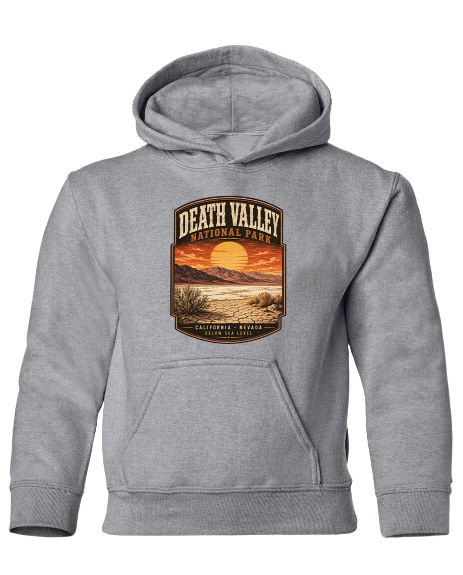 A gray hooded sweatshirt with a graphic design depicting Death Valley National Park and a sunset landscape.
