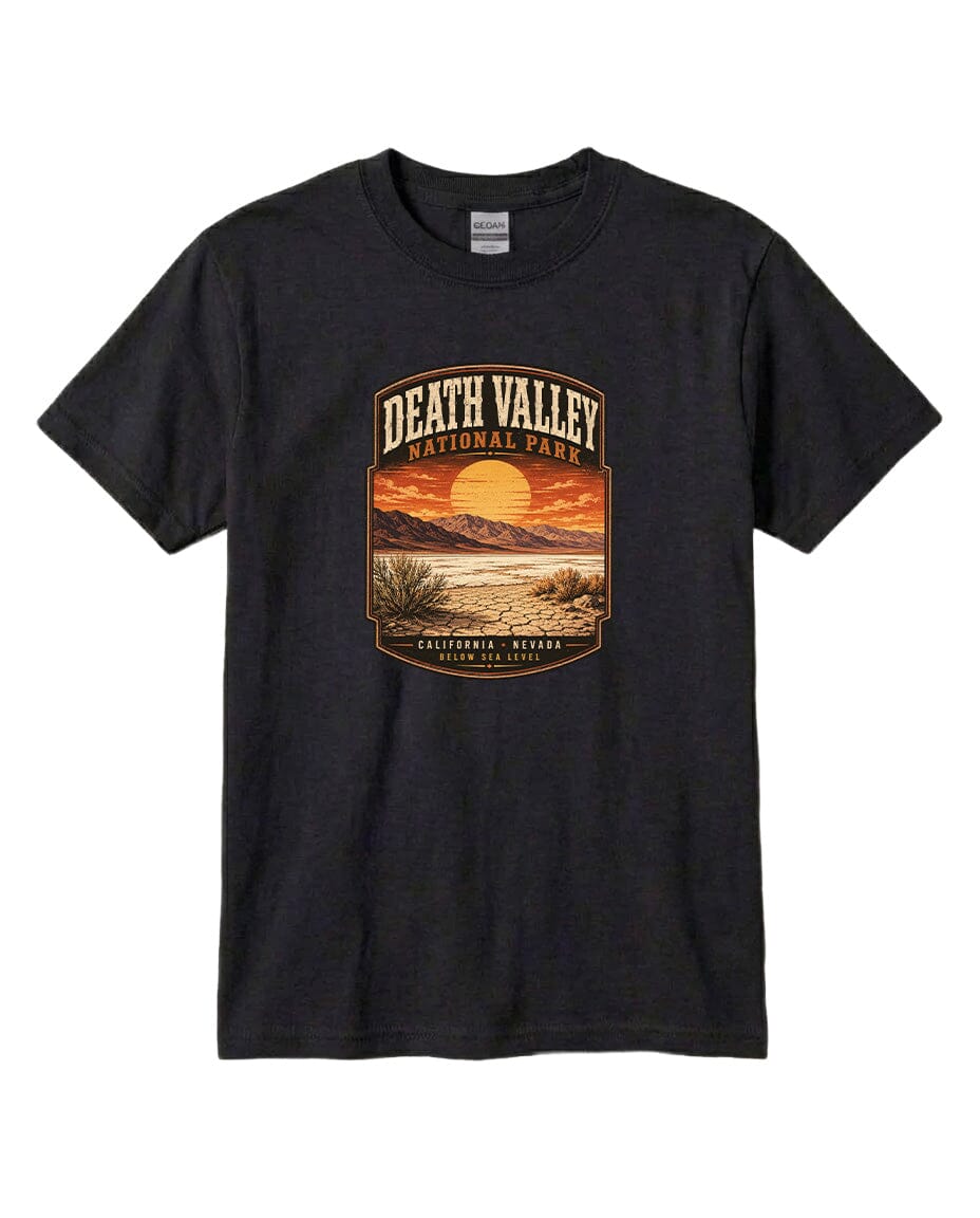 A black t-shirt with a graphic design depicting a sunset over Death Valley National Park, California, Nevada.