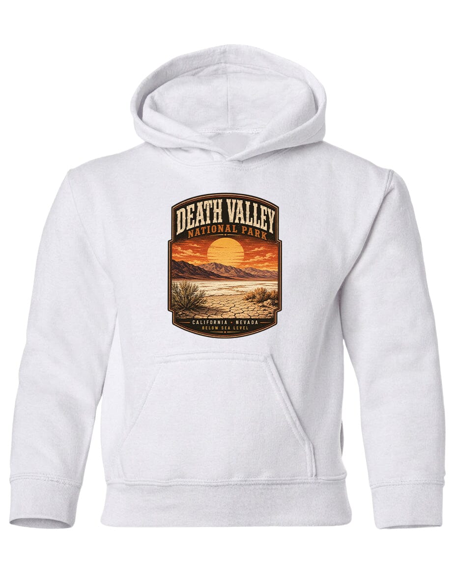A white hoodie with a graphic design depicting a scenic landscape with mountains, a sunset, and a river.