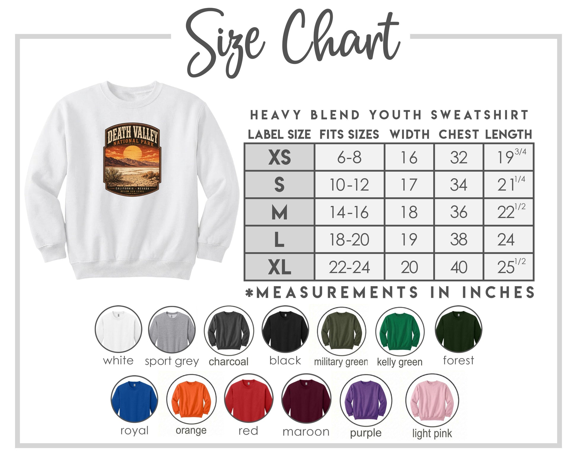 The image is a size chart for a heavy blend youth sweatshirt, including various color options and corresponding measurements in inches.
