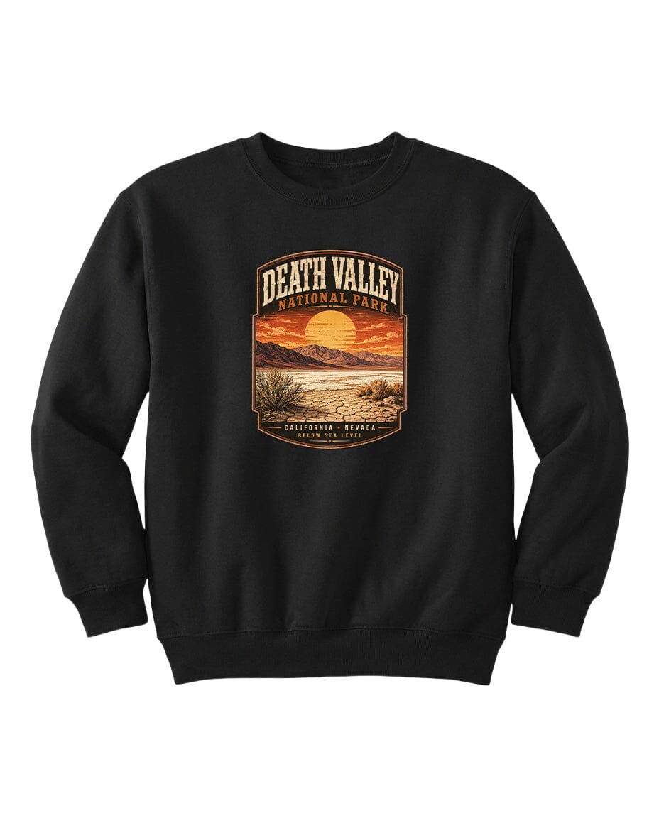 A black sweatshirt with a graphic design depicting a sunset over Death Valley National Park.