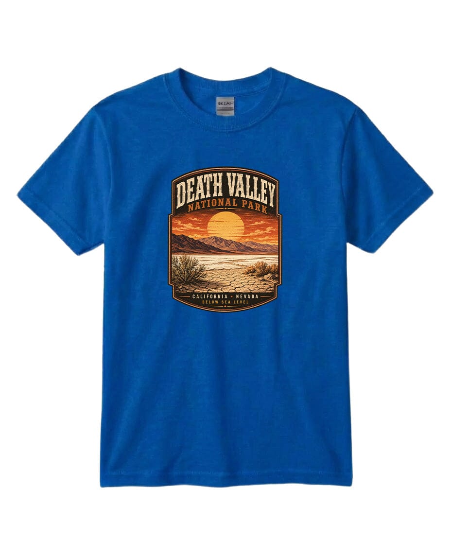 A blue t-shirt with a graphic design depicting a sunset over Death Valley National Park, California, Nevada.