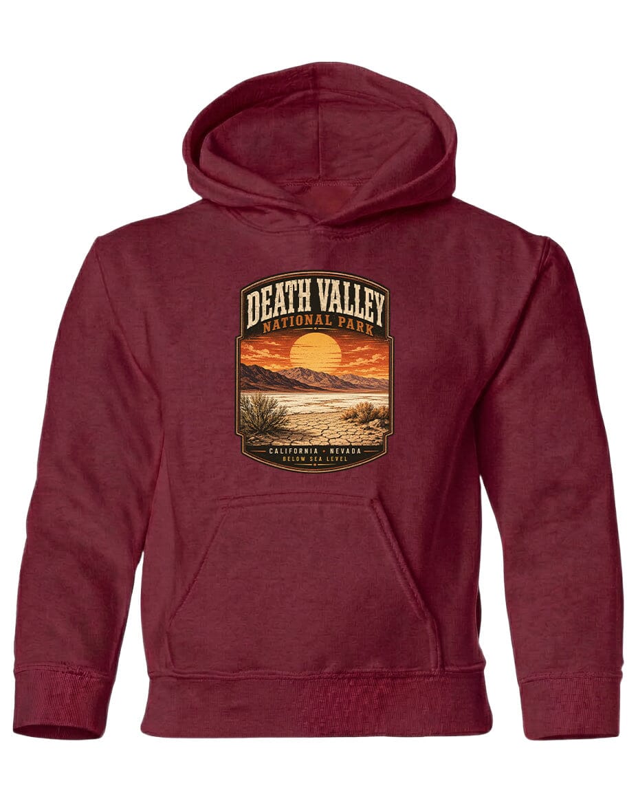 A burgundy-colored hooded sweatshirt with a graphic design depicting Death Valley National Park.