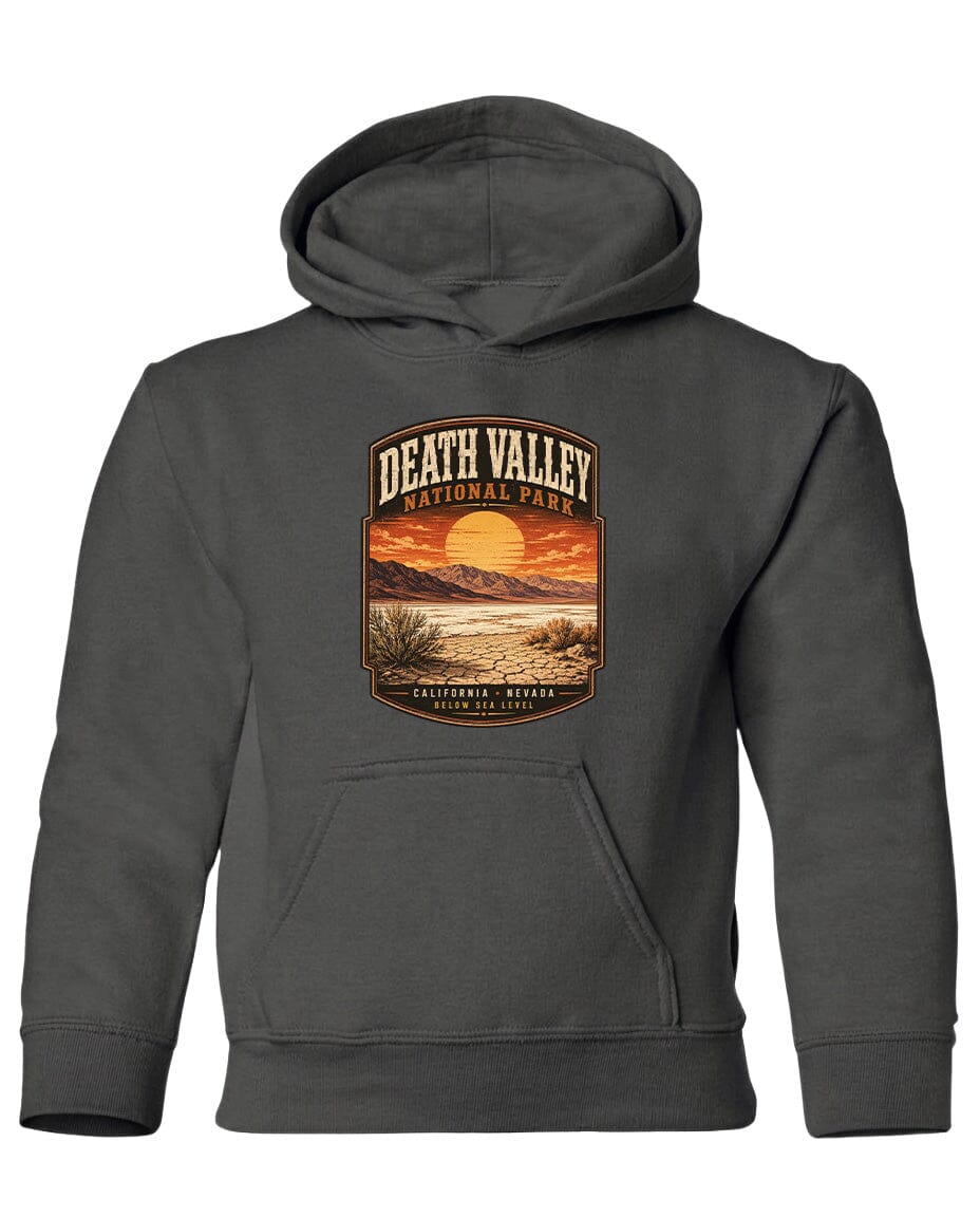 A gray hooded sweatshirt with a graphic design depicting a sunset over Death Valley National Park.