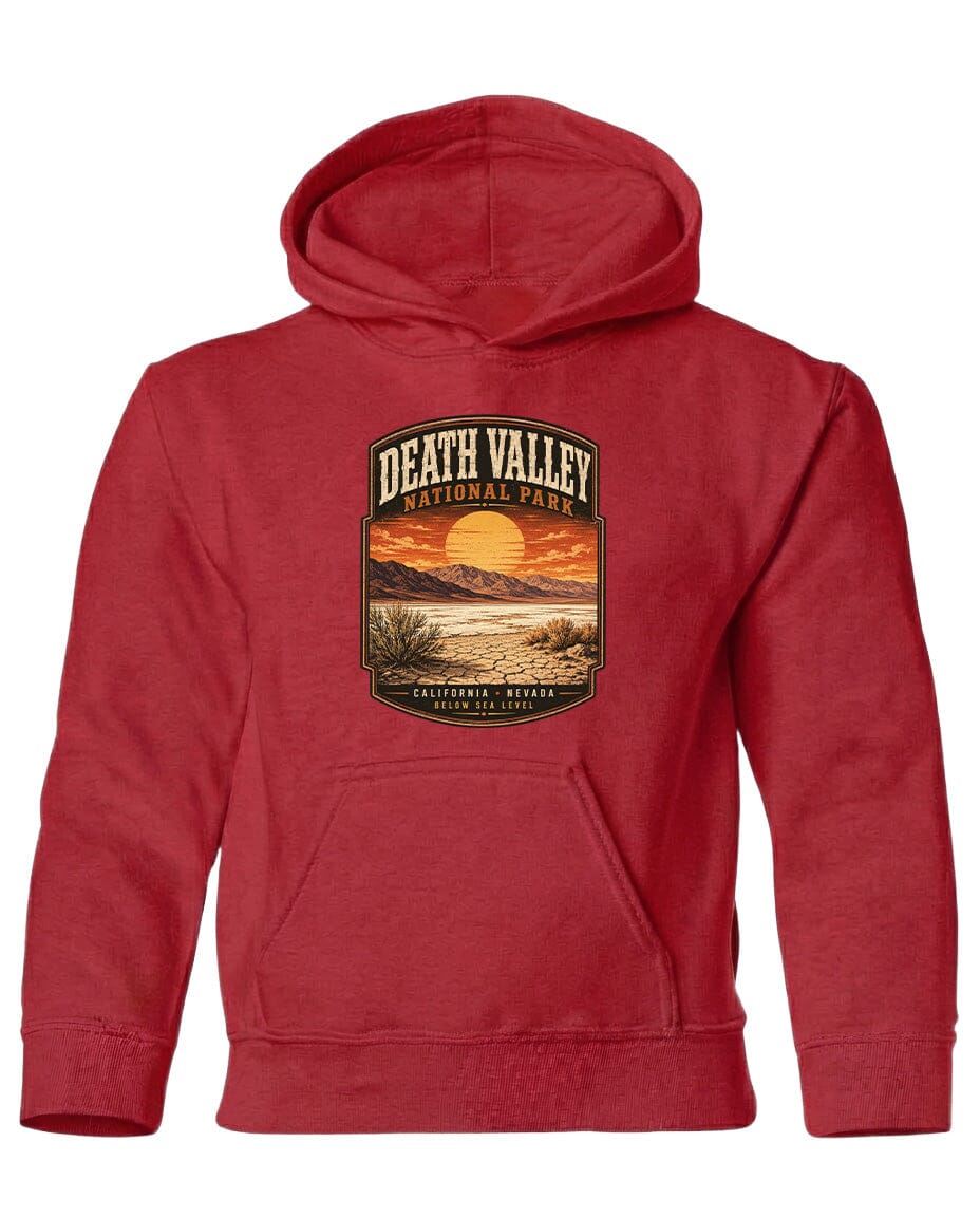 A red hooded sweatshirt with a graphic design depicting Death Valley National Park.