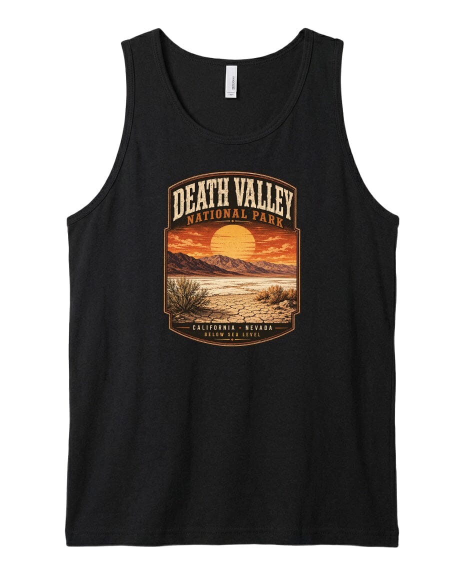 A black tank top with a graphic design depicting Death Valley National Park, California, Nevada.