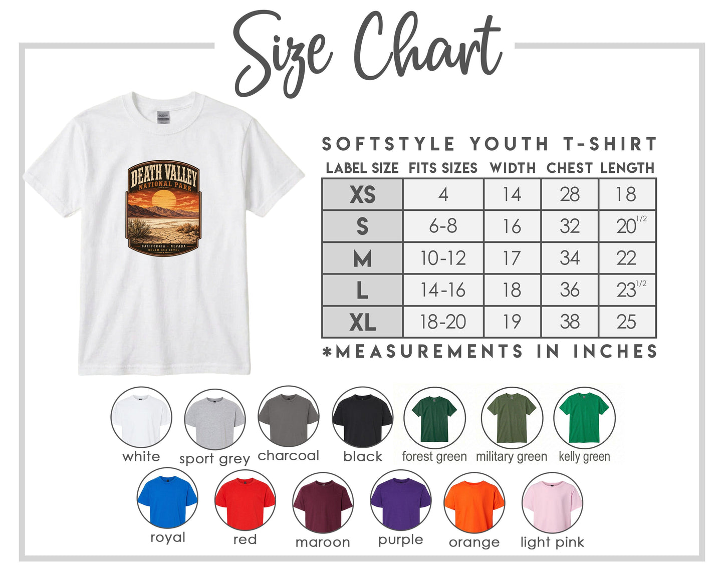 The image is a size chart for a softstyle youth t-shirt, providing measurements for different sizes and corresponding t-shirt colors.