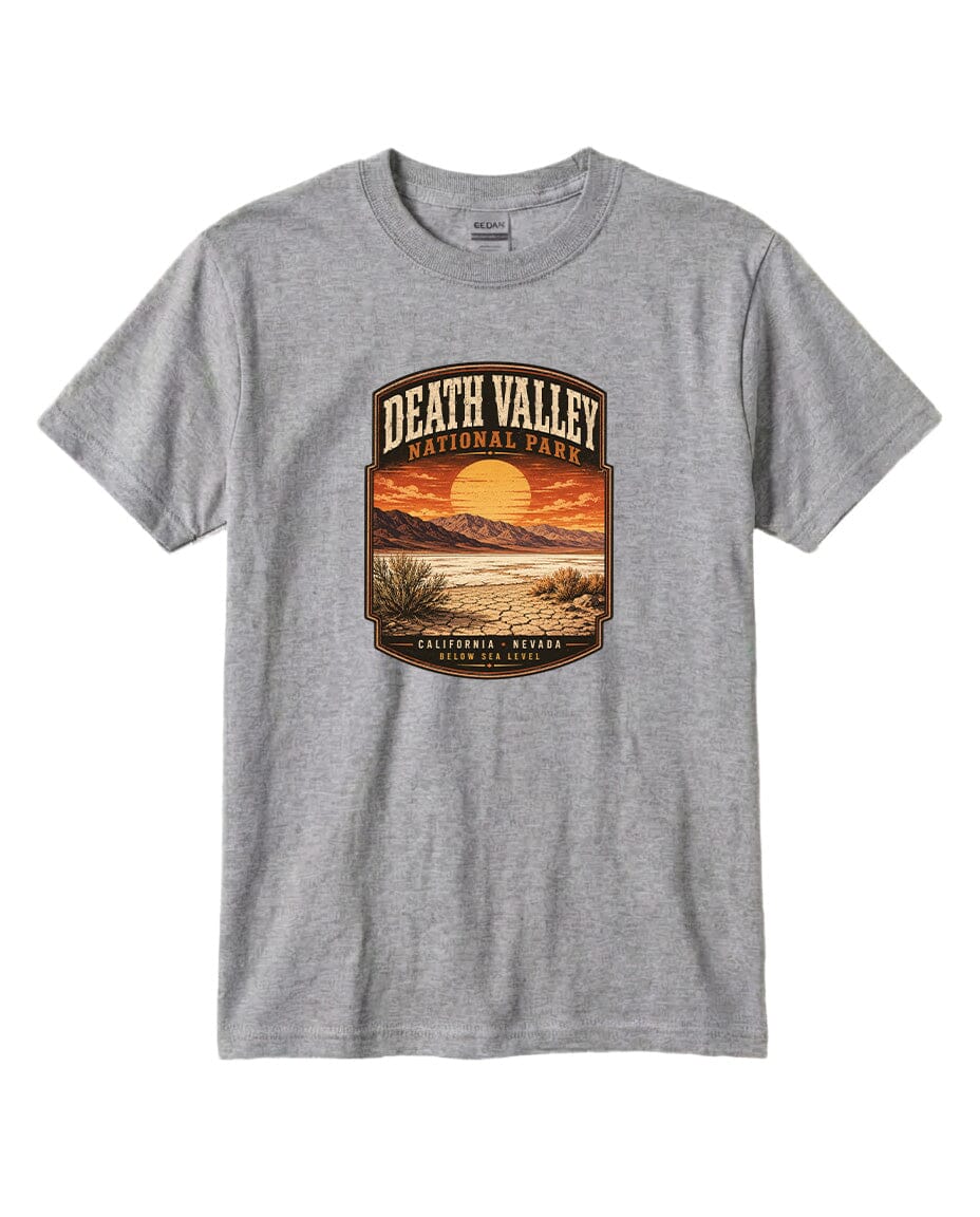 A gray t-shirt with a graphic design depicting a sunset over Death Valley National Park, California, Nevada.