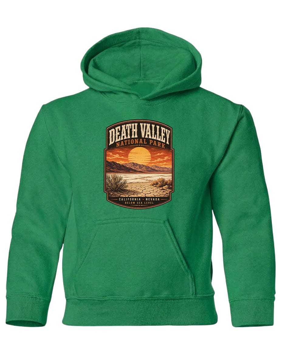 A green hoodie with a graphic design depicting Death Valley National Park.