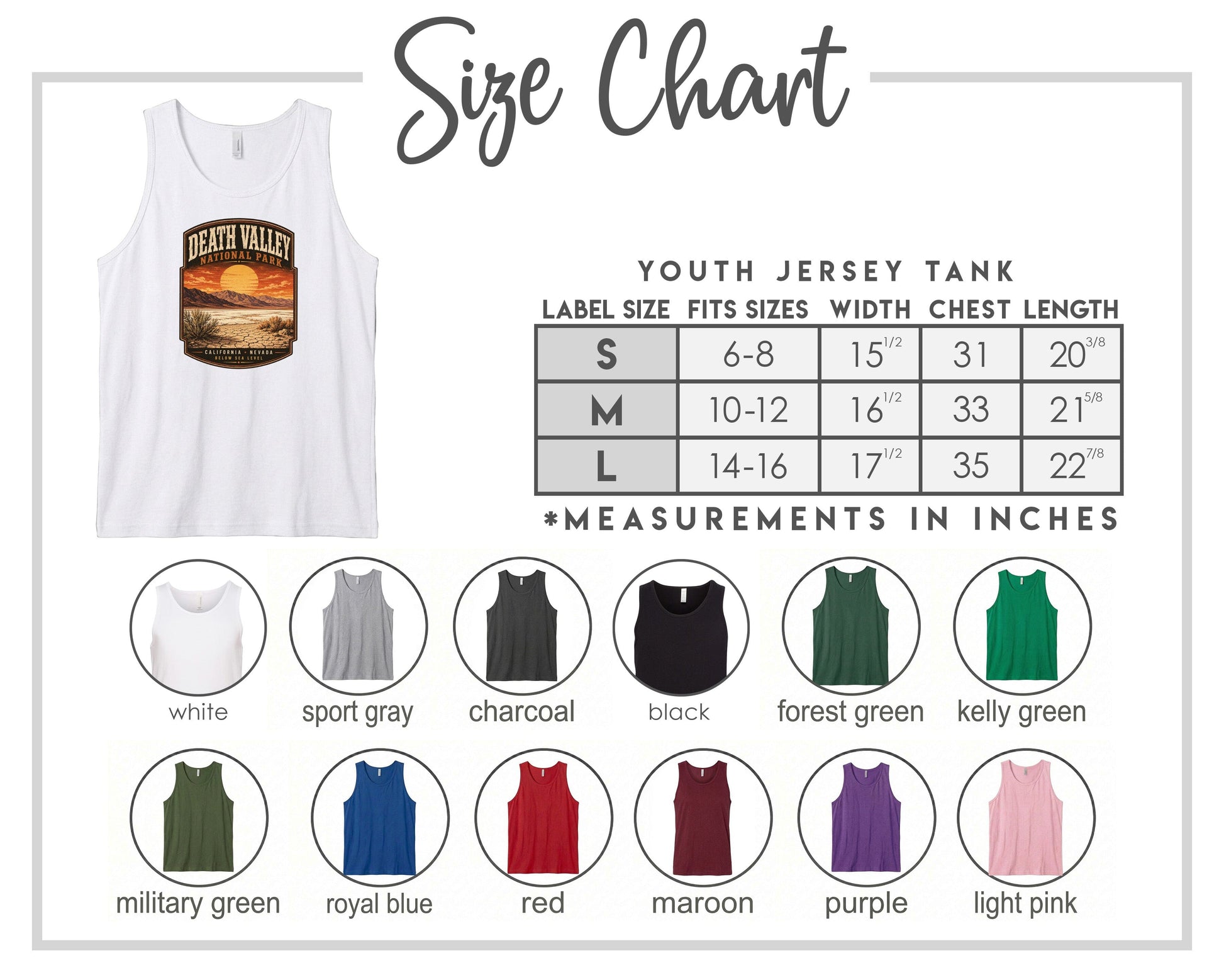 The image is a size chart for a youth jersey tank, displaying various label sizes and corresponding chest measurements. The chart includes a white tank with a graphic design and a list of sizes and measurements.