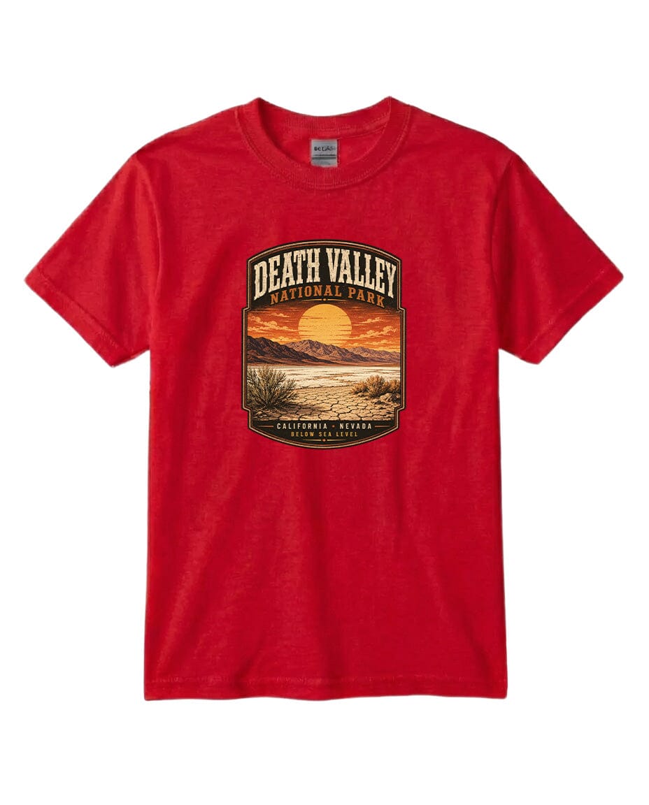 A red t-shirt with a graphic design depicting a sunset over Death Valley National Park, California, Nevada.