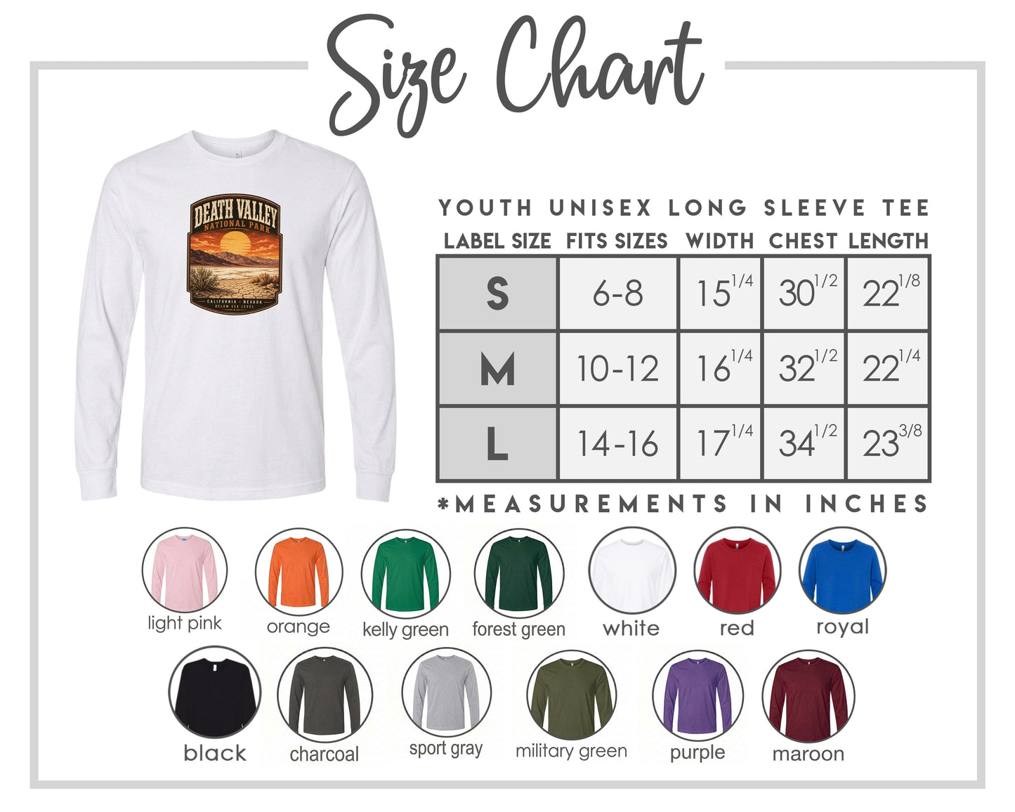 The image is a size chart for a youth unisex long sleeve tee, including various color options and corresponding measurements.
