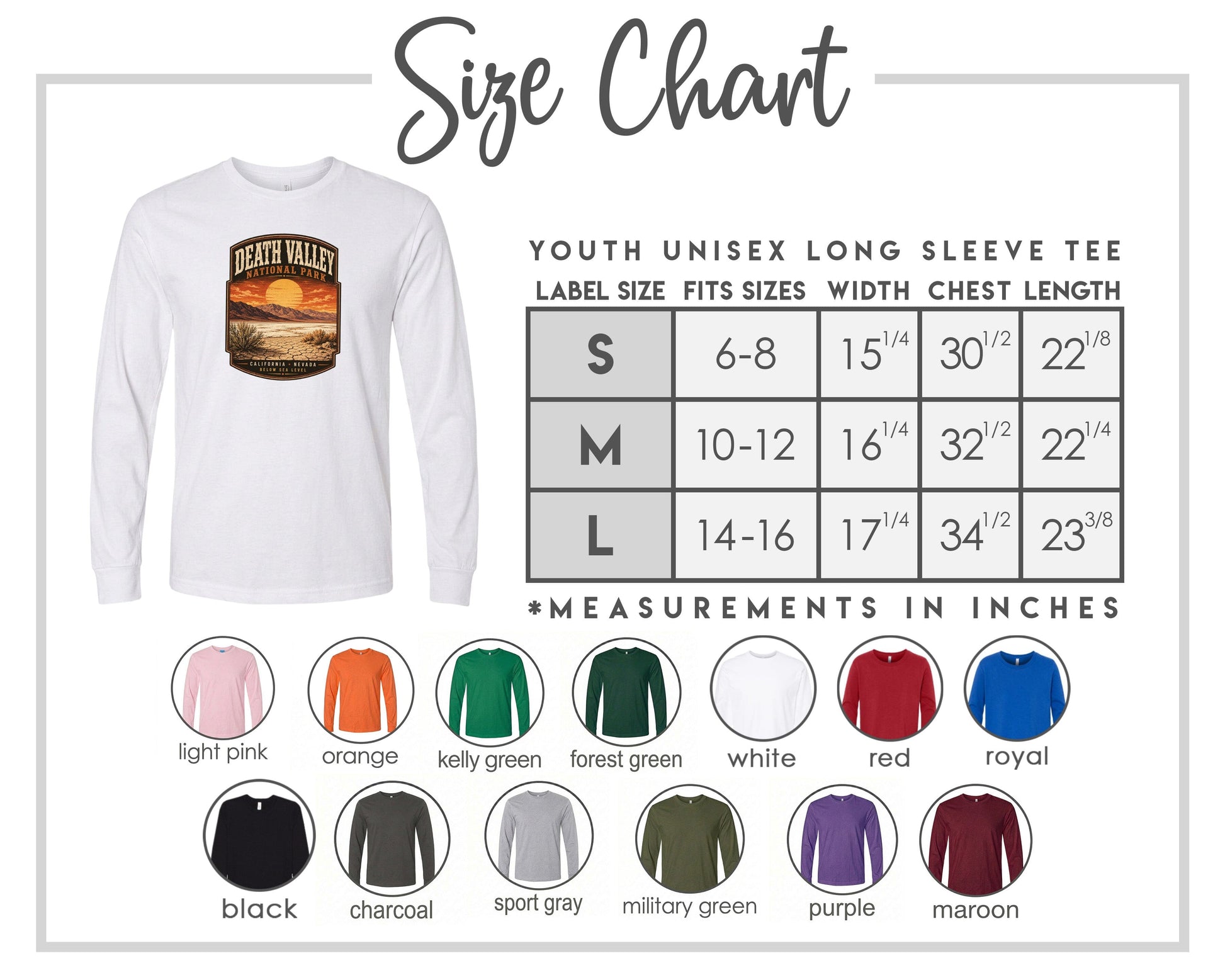 The image is a size chart for a youth unisex long sleeve tee, including various color options and corresponding measurements.