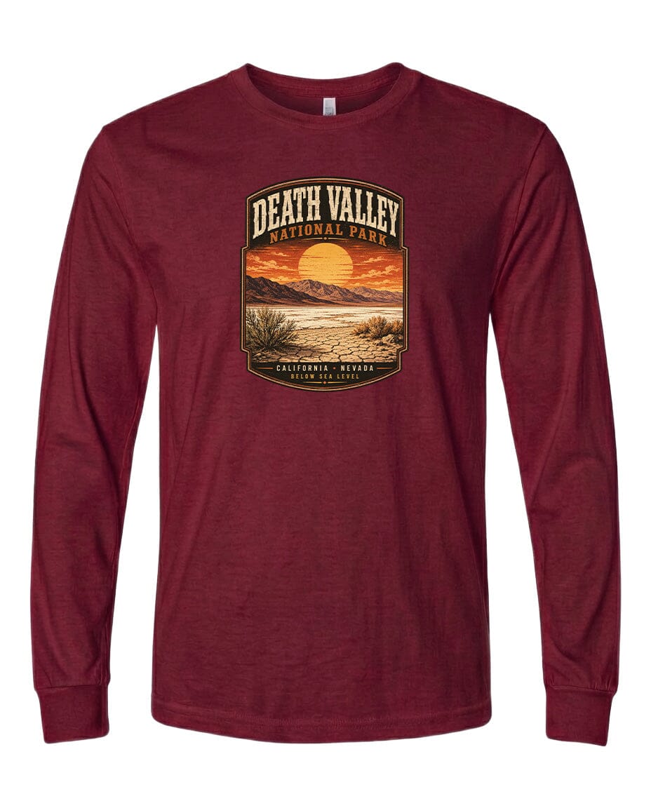 A long-sleeved burgundy t-shirt with a graphic design depicting Death Valley National Park.