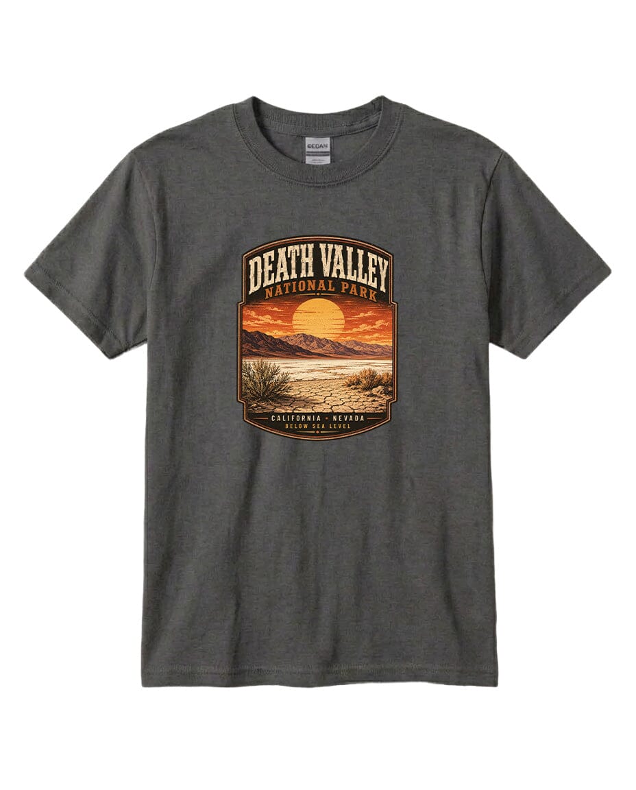 A gray t-shirt with a graphic design depicting a sunset over Death Valley National Park, California, Nevada.