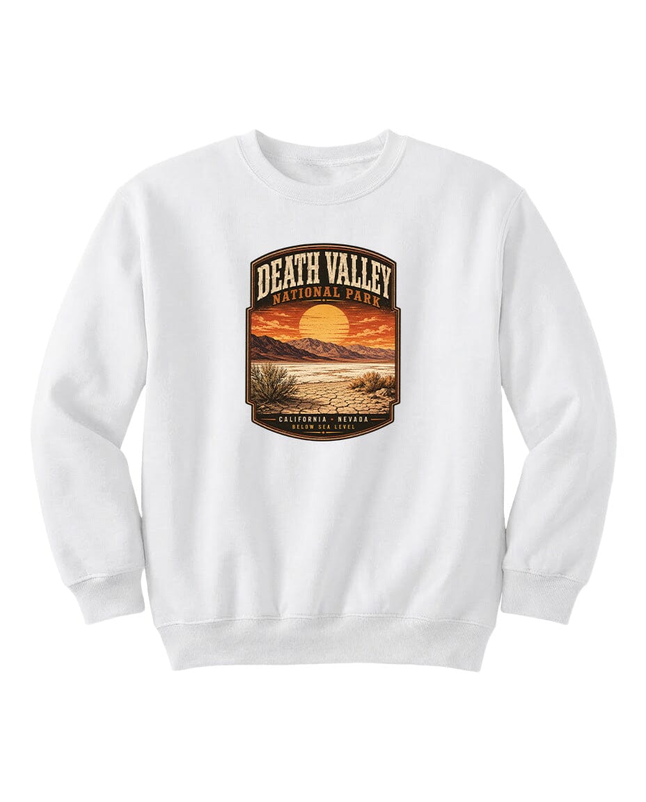 A white sweatshirt with a graphic design depicting a sunset over Death Valley National Park in California, Nevada.